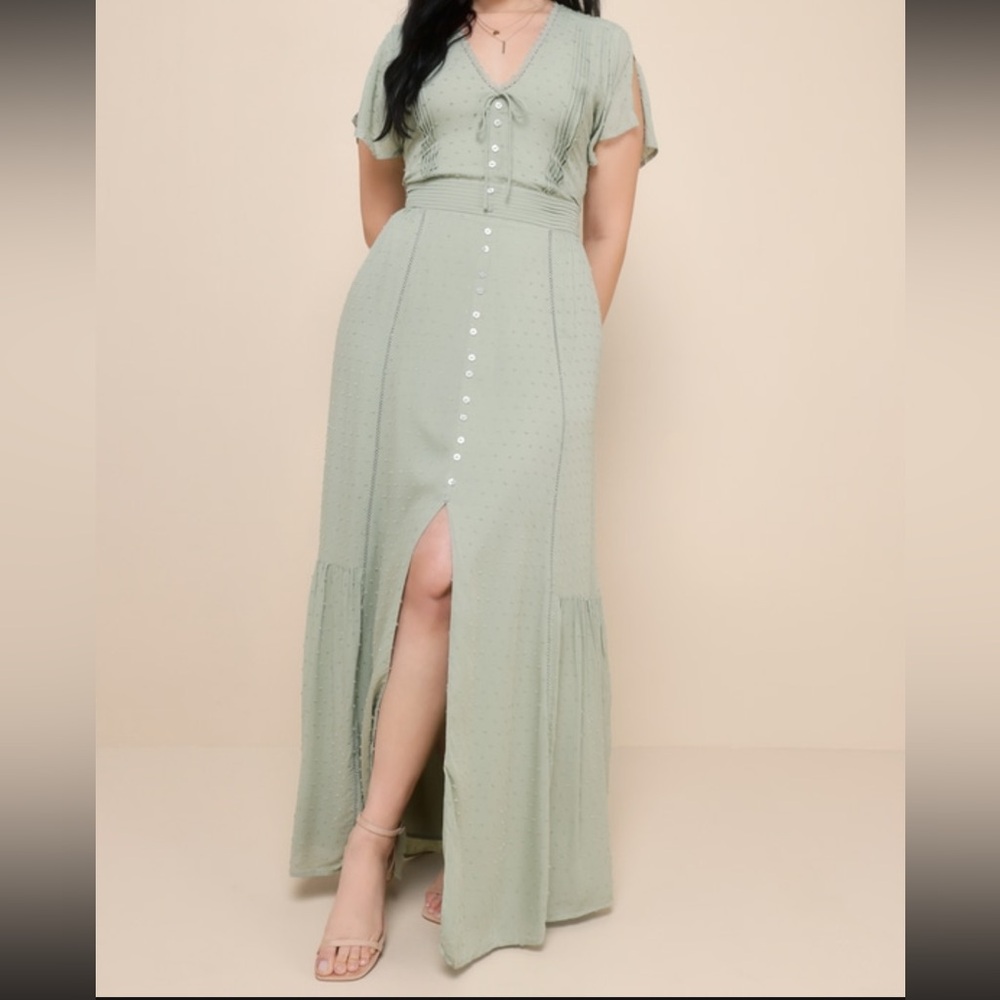 Lulus Completely In Love Sage Green Swiss
Dot Button-Front Maxi Dress